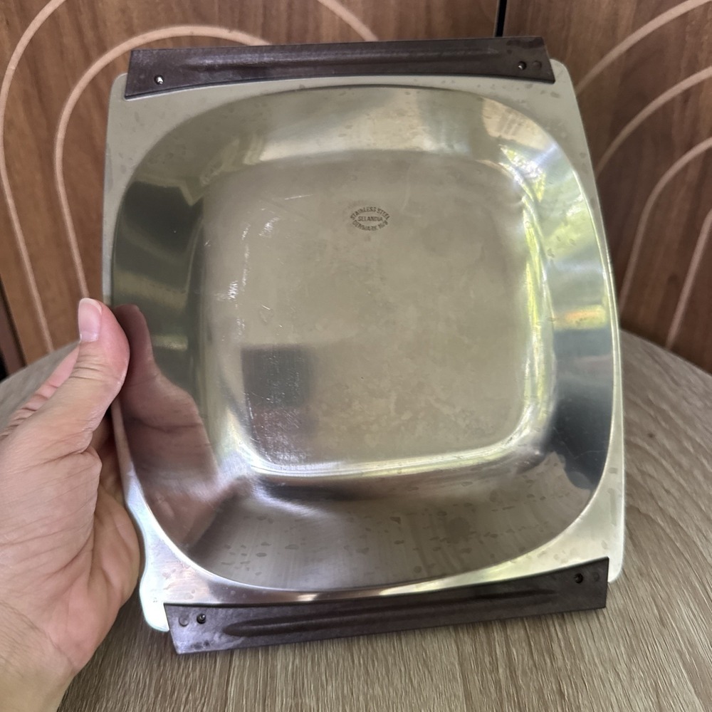 Vintage MCM Selandia Designs Denmark Stainless Steel Teak Tray Serving Dish - Picture 3 of 3